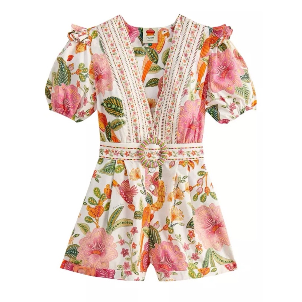 NWT FARM Rio Pink, Green & Orange Tropical Floral Belted Romper - Picture 15 of 15